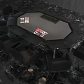 High end Octagonal Poker Table Recreation Equipment with Black Chairs and Playing Cards on Marble Floor