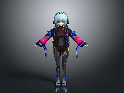 Anime Style 3D Character With Blue Short Hair Headphones And Colorful Outfit 3d model