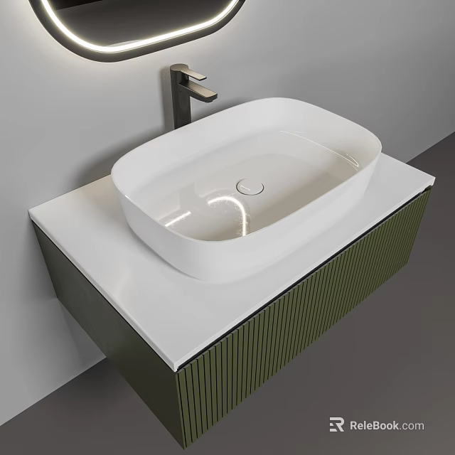 Modern Washbasin Vanity with White Oval Basin Green Vertical Striped Cabinet and Faucet 3d model 