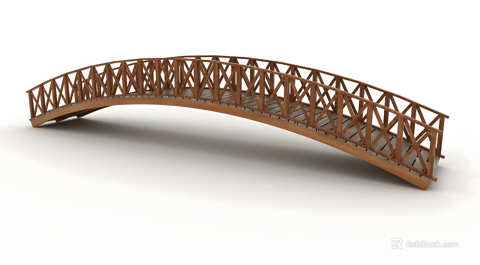 Wooden Arch Bridge With Truss Structure And Wooden Plank Deck Design 3d model 