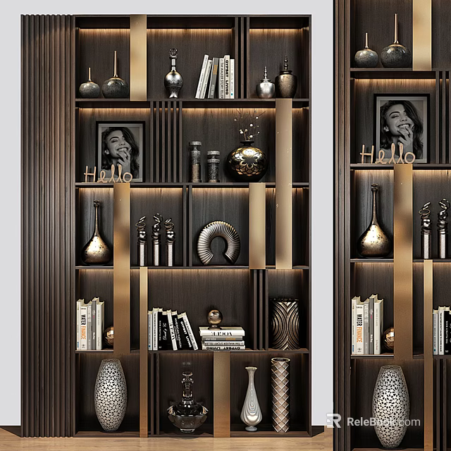Elegant Modern Bookshelf With Metal Frame Decorative Vases Books Photo Frames And Artworks 3d model 
