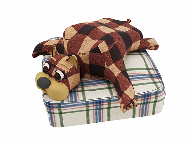 Dog Shaped Pillow with Brown Black Plaid Pattern on Green Blue Checkered Cushion 3d model