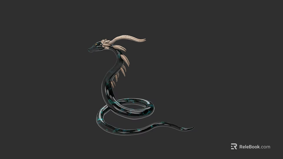 Horned Feathered Reptile Snake With Shiny Black Green Coiled Body 3d model 