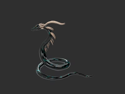 Horned Feathered Reptile Snake With Shiny Black Green Coiled Body 3d model