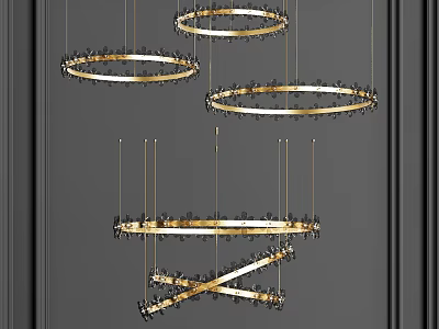 Modern Golden Crystal Chandeliers With Circular And Linear Designs For Interior Decor 3d model