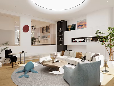 Modern White Living Dining Room Interior With Sofa Round Rug And Decorative Paintings 3d model