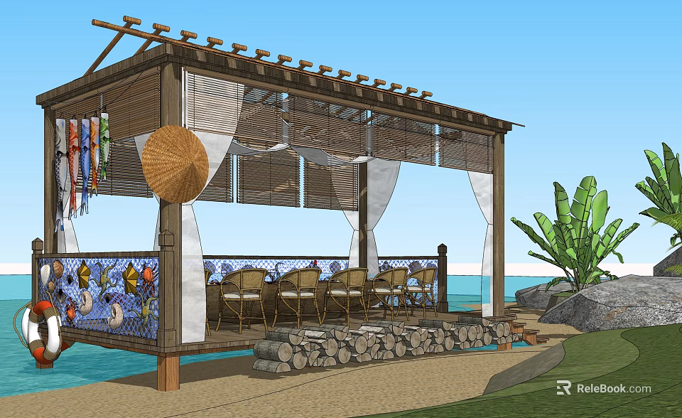Wooden Pergola Near Sea With Outdoor Seating Colorful Flags Bamboo Hat And Banana Plant 3d model 