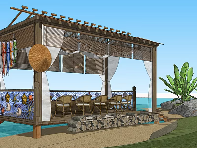 Wooden Pergola Near Sea With Outdoor Seating Colorful Flags Bamboo Hat And Banana Plant 3d model