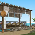 Wooden Pergola Near Sea With Outdoor Seating Colorful Flags Bamboo Hat And Banana Plant