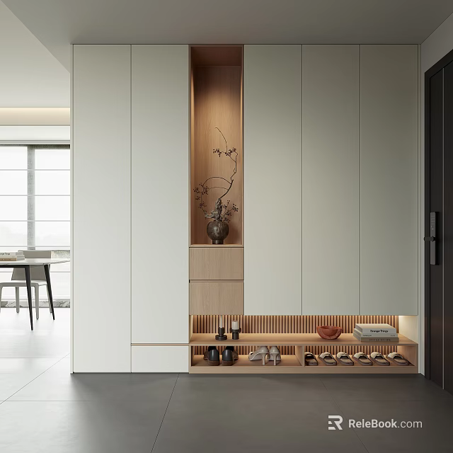 Modern Entryway Console And Side Cabinet Design With Wooden Shelves Shoe Storage Vase And Lighting 3d model 