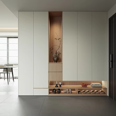 Modern Entryway Console And Side Cabinet Design With Wooden Shelves Shoe Storage Vase And Lighting 3d model