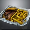 Tasty Roast Beef with French Fries and Bun in Foil Takeout Container