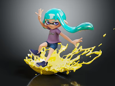 Cartoon Character With Teal Hair Purple Glasses Standing On Yellow Liquid Splash In Dynamic Pose 3d model