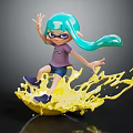 Cartoon Character With Teal Hair Purple Glasses Standing On Yellow Liquid Splash In Dynamic Pose