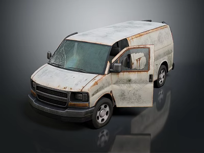 Old White Rusty Van With Open Door And Damaged Windows 3d model