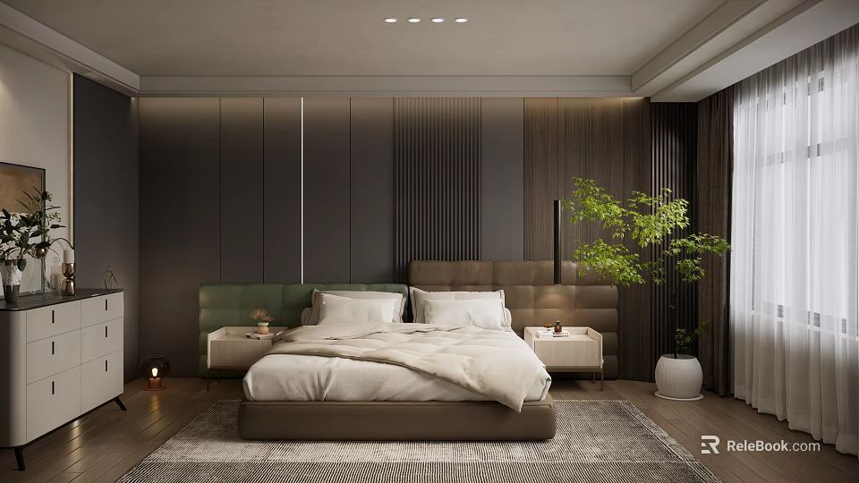 Modern Bedroom Interior With Upholstered Headboard Wooden Striped Wall Nightstands And Area Rug 3d model 