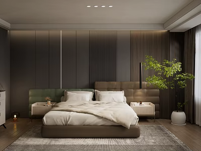 Modern Bedroom Interior With Upholstered Headboard Wooden Striped Wall Nightstands And Area Rug 3d model