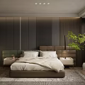 Modern Bedroom Interior With Upholstered Headboard Wooden Striped Wall Nightstands And Area Rug