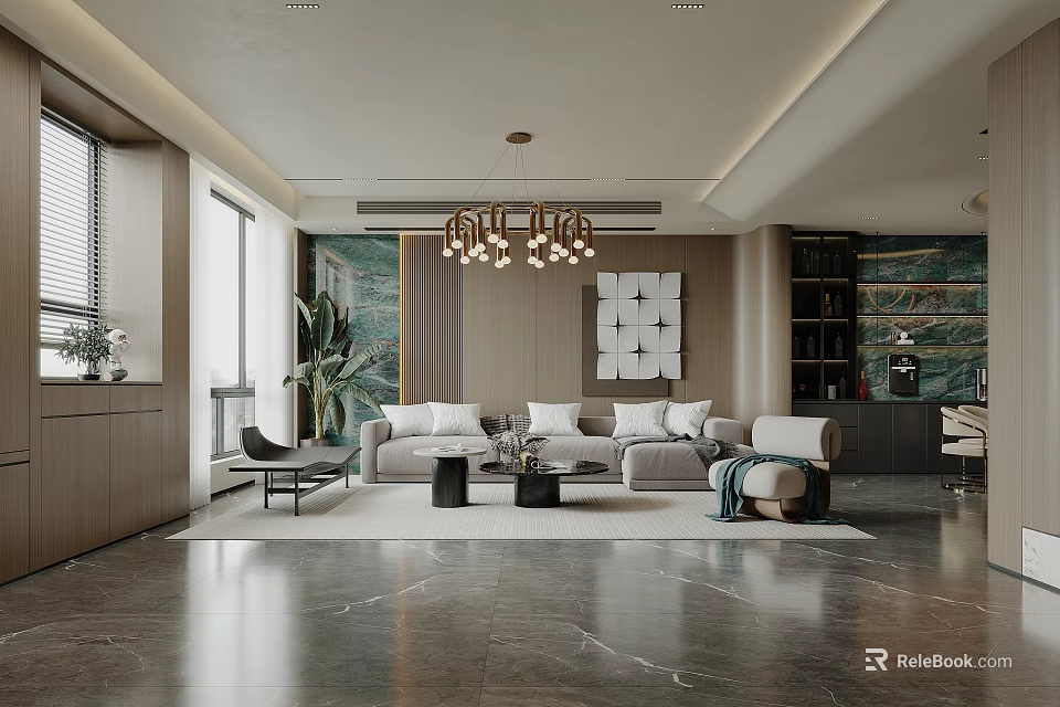 Modern Duplex Living Room Interior With Sofa Chandelier And Plants 3d model