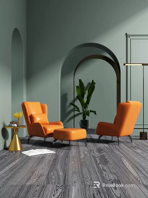 Orange Leisure Sofa Set With Armchairs Ottoman Green Plant Gold Side Table And Arched Doorway 3d model 