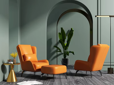 Orange Leisure Sofa Set With Armchairs Ottoman Green Plant Gold Side Table And Arched Doorway 3d model