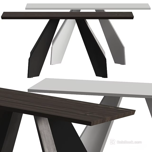 Modern Dining Table With Wooden Tabletop And Black White Metal Legs 3d model 