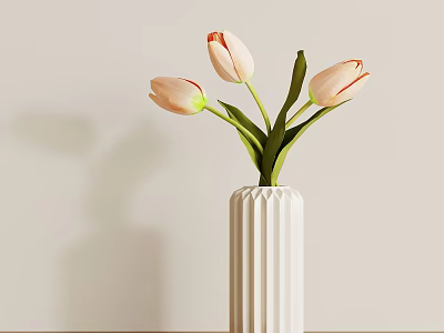 White Ribbed Ceramic Vase With Pink Tulips And Green Stems On Light Background 3d model