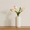 White Ribbed Ceramic Vase With Pink Tulips And Green Stems On Light Background