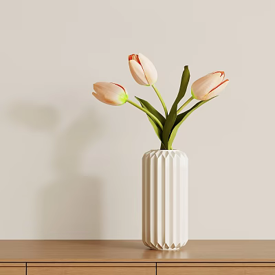 White Ribbed Ceramic Vase With Pink Tulips And Green Stems On Light Background 3d model
