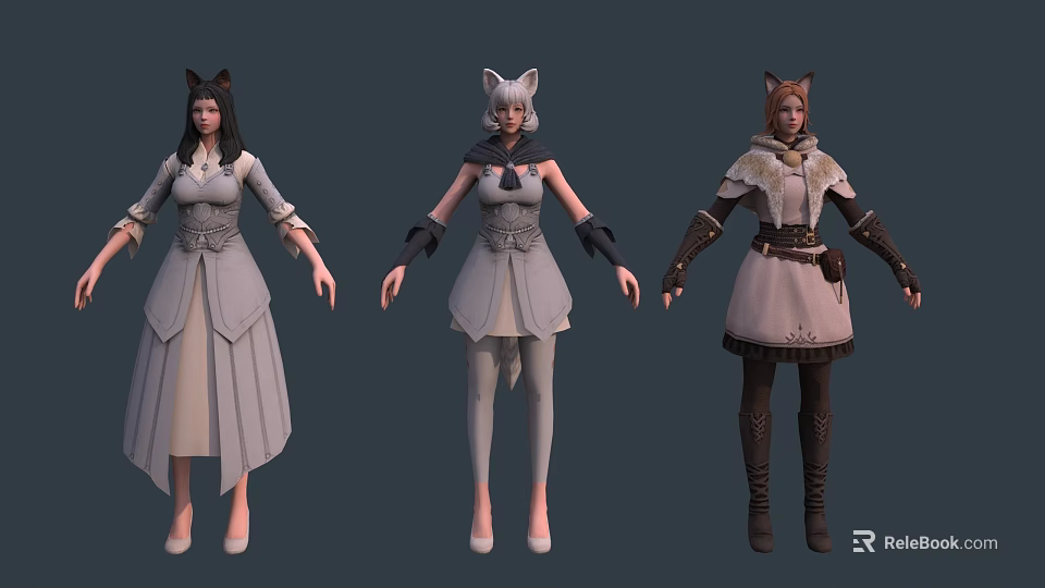 Three Stylish Game Movie Character Designs with Cat Ears and Different Costumes 3d model 