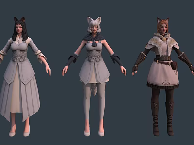 Three Stylish Game Movie Character Designs with Cat Ears and Different Costumes 3d model