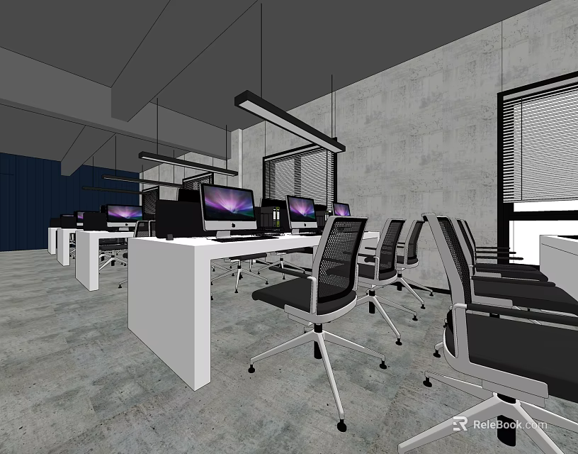 Modern Public Office Space With Workstations Computer Monitors Ergonomic Chairs And Bright Windows 3d model