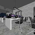 Modern Public Office Space With Workstations Computer Monitors Ergonomic Chairs And Bright Windows 3d model
