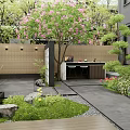 Stunning Courtyard Garden With Flowering Tree Green Plants Outdoor Seating And Fire Pit