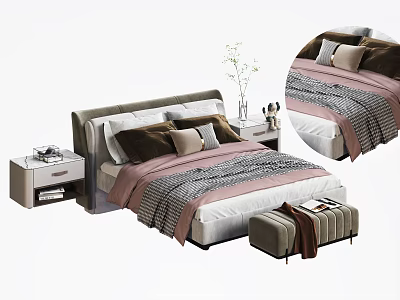Elegant Double Bed with Grey Headboard Multiple Pillows Pink Grey Striped Bedspread Nightstands and Bench 3d model