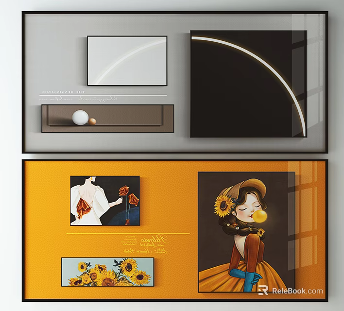 Modern Decorative Wall Art with Curved Lines Black White Panels Yellow Background and Sunflowers 3d model 