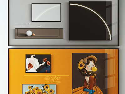 Modern Decorative Wall Art with Curved Lines Black White Panels Yellow Background and Sunflowers 3d model