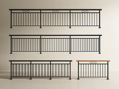 Variety of Metal Railings Featuring Decorative Patterns And Wooden Top Details 3d model