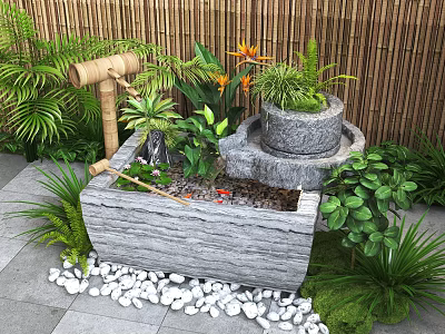 Natural Stone Water Fountain With Green Plants Orange Flowers And Pebbles In Bamboo Garden 3d model