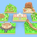 Cartoon Scene 3D World Famous Landmarks Models With Green Bases And Trees