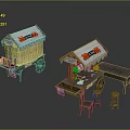Wooden Market Vendor Carts With Yellow White Striped Awnings Red Decorations Fruit Displays And Stools