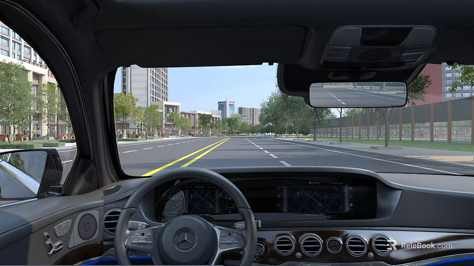 Car Interior View From Driver's Seat With Steering Wheel Dashboard And Road Outside 3d model 