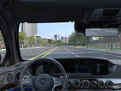 Car Interior View From Driver's Seat With Steering Wheel Dashboard And Road Outside 3d model