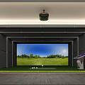 Modern Indoor Golf Club With Large Screen Green Course Simulation And Grass Turf