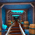 Enchanting Tunnel Landscape With Wooden Framework Luminous Blue Crystals Rail Tracks And Wooden Barrels