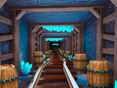 Enchanting Tunnel Landscape With Wooden Framework Luminous Blue Crystals Rail Tracks And Wooden Barrels 3d model