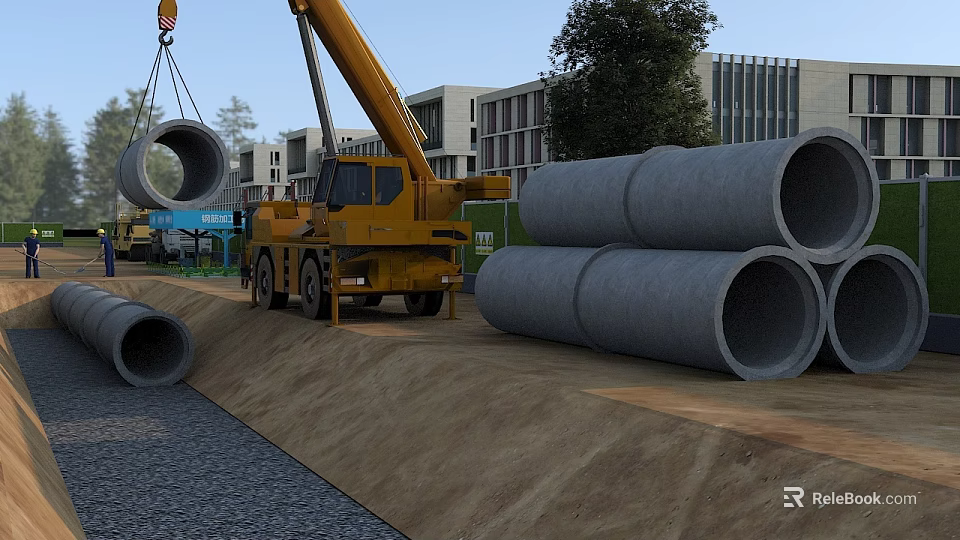 Road Infrastructure Construction Site With Yellow Crane Stacked Concrete Pipes Background Buildings And Trees 3d model 