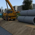 Road Infrastructure Construction Site With Yellow Crane Stacked Concrete Pipes Background Buildings And Trees