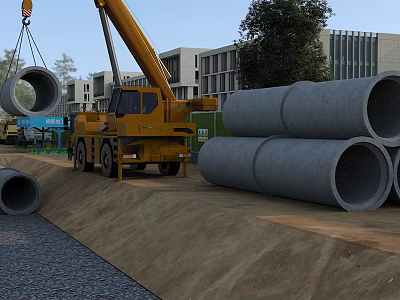 Road Infrastructure Construction Site With Yellow Crane Stacked Concrete Pipes Background Buildings And Trees 3d model