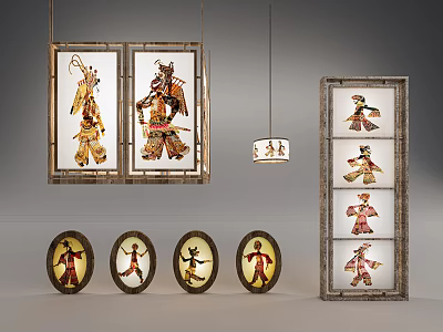 Traditional Shadow Puppet Themed Lighting Combinations with Framed Designs Pendant Light and Circular Fixtures 3d model